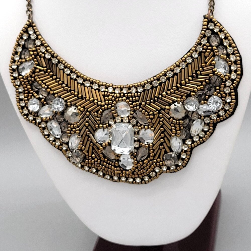 Vintage Beaded and Rhinestone Collar Necklace Black Felt Backing Length 14"